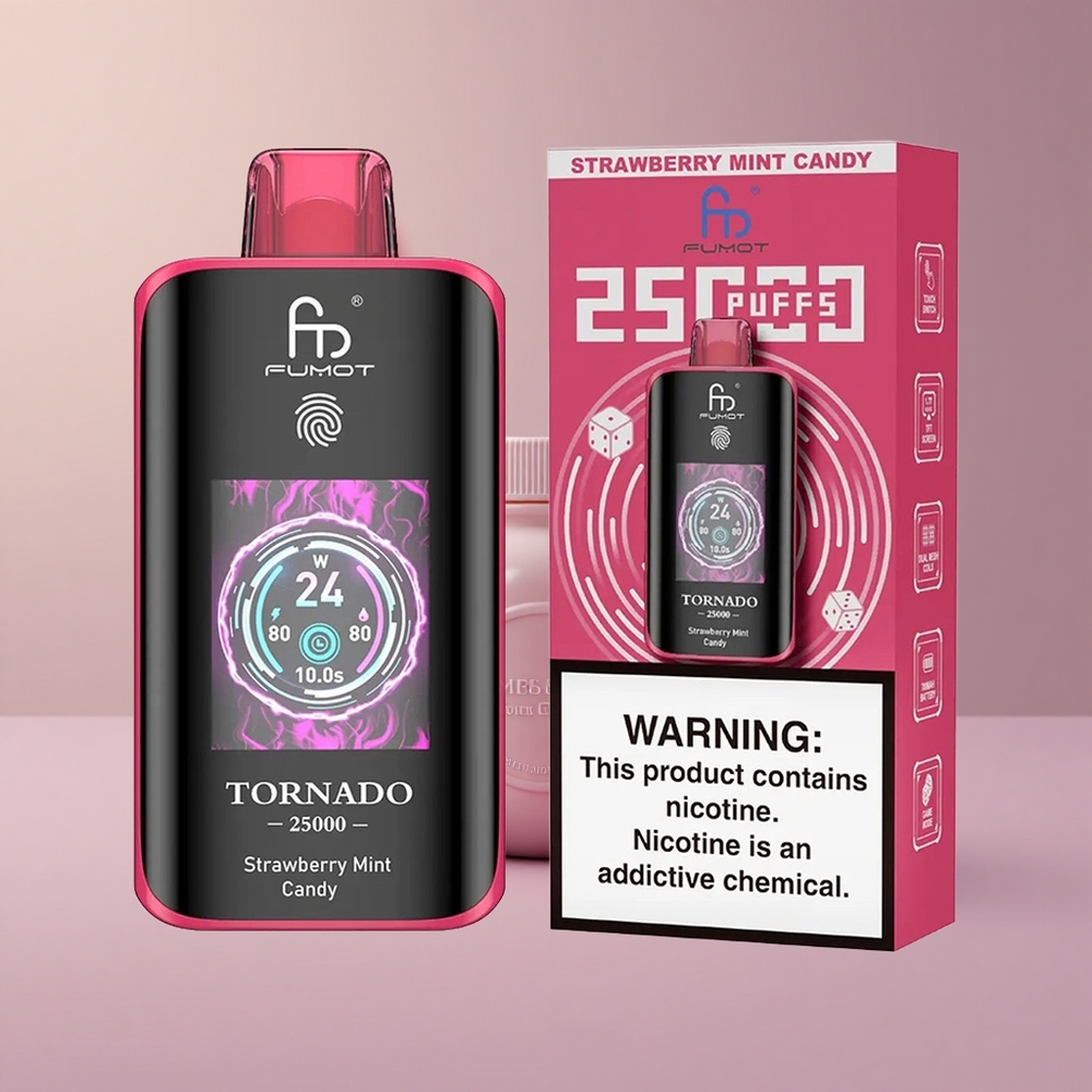 Fumot Tornado 25000 Jahodová Mätová Cukrík s HD Obrazovkou a 700mAh Baterkou